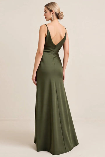 Olive Sheath Satin Maxi Bridesmaid Dress with Slit